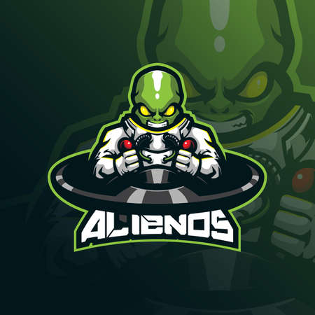 alien mascot logo design vector with modern illustration concept style for badge, emblem and tshirt printing. smart alien illustration with ufo.のイラスト素材