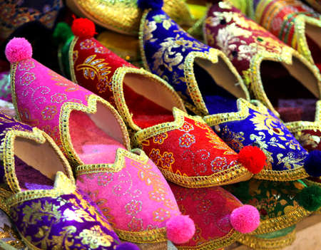 Colorful slippers for sale at a market in Istanbul, Turkeyの写真素材
