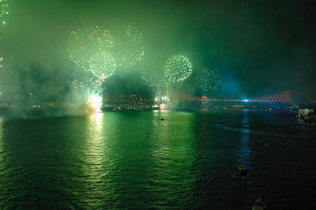 Celebratory fireworks over the Bosphorus Strait, Istanbul, Turkeyの写真素材