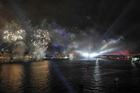 Fireworks over the Bosphorus Strait in Istanbul, Turkey.の写真素材
