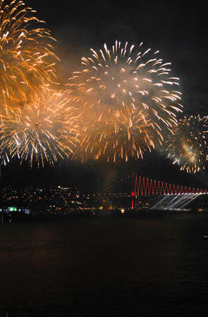 Colorful fireworks of various colors over the city of Istanbul, Turkeyの写真素材