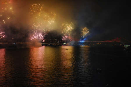 Colorful fireworks of various colors over the bay of Istanbul, Turkeyの写真素材