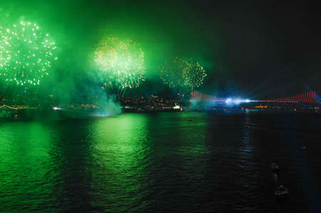 Fireworks over the Bosphorus Strait in Istanbul, Turkey.の写真素材