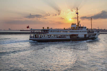 Ferry boat in the middle of the sea at sunset, Baku, Azerbaijan
