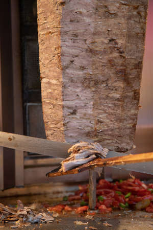 Traditional Turkish Doner kebab on a spit close up.の写真素材