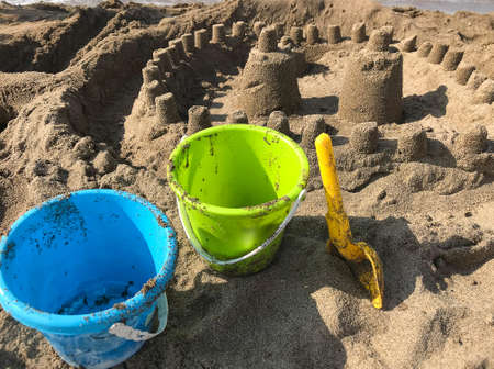 Sand toys and bucket on the beach of the Baltic Sea in Polandの写真素材