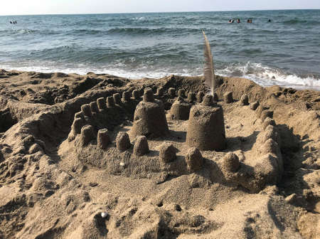 Sand castle on the beach of the Black Sea in Sevastopol, Crimeaの写真素材