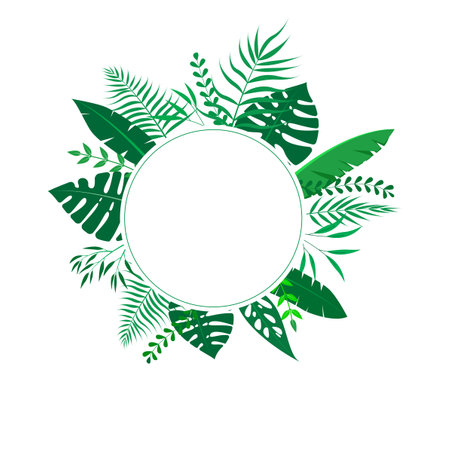 Tropical leaves round frame with space for text. Vector illustration.のイラスト素材