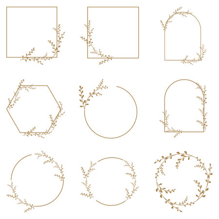 Hand drawn floral frames with flowers, branch and leaves. Wreath. Elegant logo template. Vector illustration for labels, branding business identity, wedding invitationのイラスト素材
