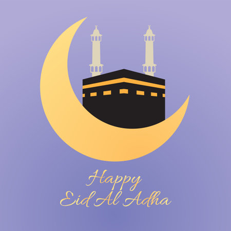 eid al adha greeting card for social media post kabah hajj makah and crescent moonのイラスト素材