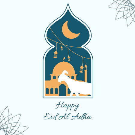islamic eid al adha sacrificial day greeting card with ornamental arabic frame with sacrificial cowのイラスト素材