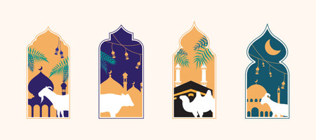 islamic eid al adha sacrificial day greeting card with ornamental arabic frame with sacrificial sheep goat cow and camelのイラスト素材