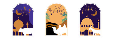 eid al adha greeting card with sheep, cow, and camel for sacrificial in the nightのイラスト素材