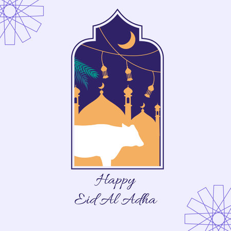 islamic eid al adha sacrificial day greeting card with ornamental arabic frame with sacrificial cowのイラスト素材