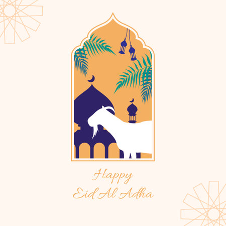 islamic eid al adha sacrificial day greeting card with ornamental arabic frame with sacrificial goatのイラスト素材