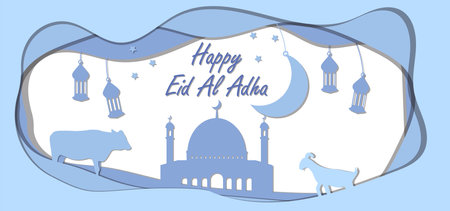 eid al adha greeting paper cut blue colorの素材 [FY310213568633]