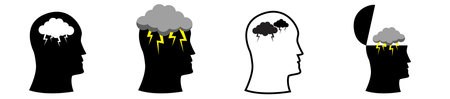 head silhouette with storm cloud illustration of brainstorming, headache, anger, depression, and bad moodのイラスト素材