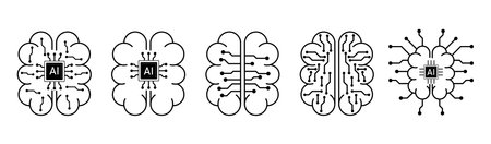artificial intelligence icon logo brain with microchip and circuit boardのイラスト素材