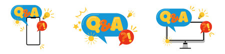 qna question and answer illustration with smartphona and computer monitor and colorfulのイラスト素材