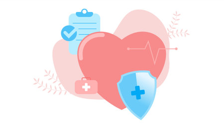 health insurance flat design with heart shield pulse medkit and agreementのイラスト素材