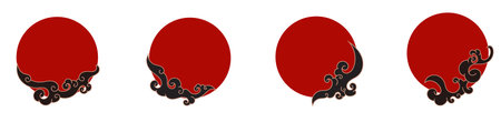 ornamental red circle frame border with black cloud and gold stoke doodle japanese styleのイラスト素材