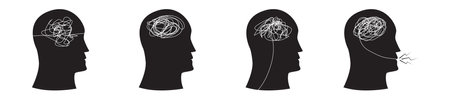 head silhouette with messy hand drawing line illustration of mental illness, emotion, headache, and depressionのイラスト素材
