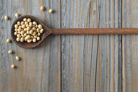 Soybeans in wooden spoonの写真素材