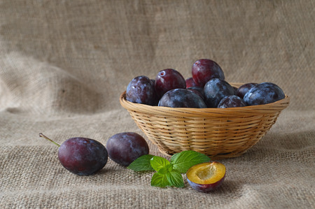Plums in the basket and mint leaves on canvas backgroundの写真素材