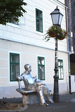 Statue of a Croatian poet Antun Gustav Matos sitting on a bench , Upper town in Zagreb, Croatiaのeditorial素材