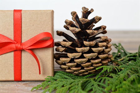 Christmas gift and pine coneの写真素材