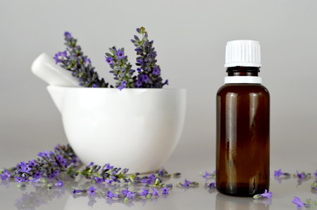 Lavender oil and flowers in a mortarの写真素材