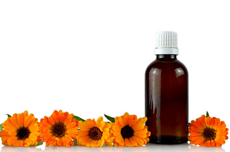 Marigold flowers and essential oilの写真素材