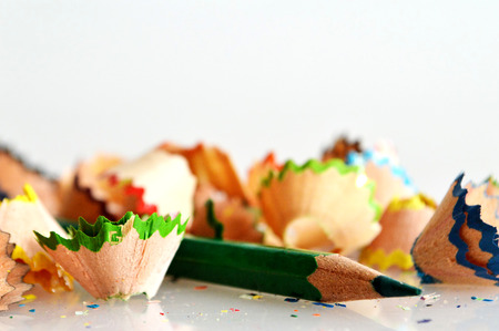 Coloring pencil and pencil shavings on light backgroundの写真素材