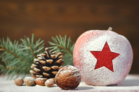 Christmas card with apple, nuts and pineconeの写真素材