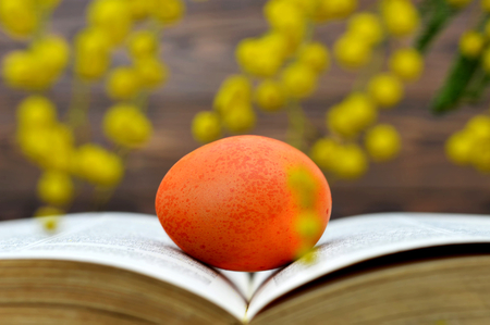 Happy Easter: Easter card with Easter egg, old book and spring flowersの写真素材
