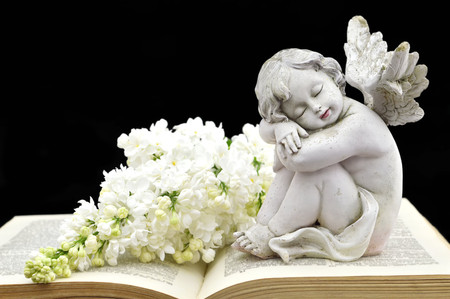 Angel and white spring flowers on the old bookの写真素材