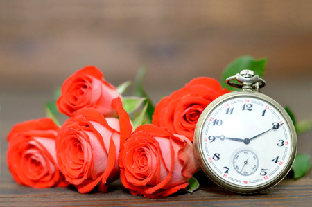 Fathers Day card: Bouquet of red roses and pocket watchの写真素材