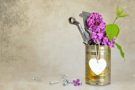 Fathers Day card with tools, heart and lilac flowers on grunge backgroundの写真素材