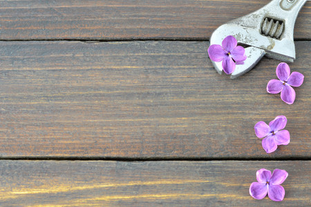 Fathers Day background with wrench and flowerの写真素材