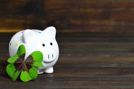 Piggy bank and lucky clover on wooden backgroundの写真素材