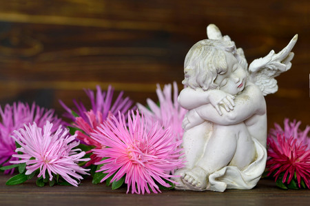 Sleeping guardian angel and flowersの写真素材