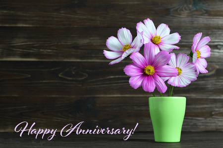 Happy Anniversary card with cosmos flowers in the vaseの写真素材