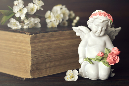 Guardian angel kneeling and holding flowersの写真素材