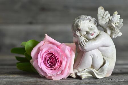 Angel and rose on wooden background