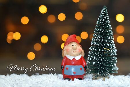 Merry Christmas card. Wife of Santa Claus and miniature Christmas treeの写真素材