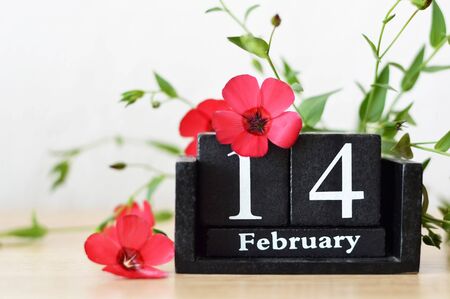 Valentines Day card with wooden calendar and flowersの写真素材