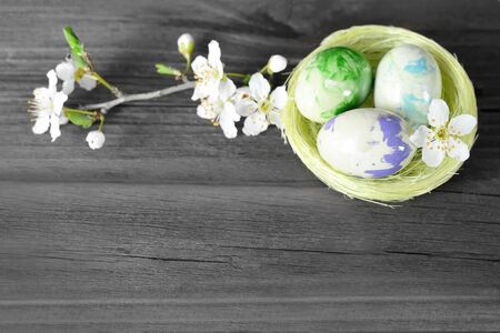 Easter eggs in nest and spring flowers on wooden background with copy space  