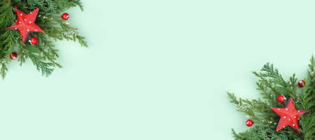 Christmas background, banner or card with red star ornament, natural decoration and copy spaceの写真素材