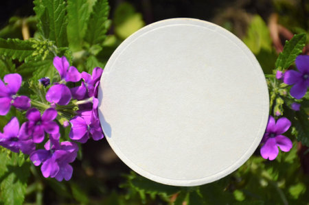 Round white paper frame and garden verbena flowers