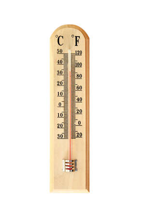 Thermometer showing high summer temperature isolated on white background